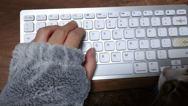 【ニトリ フード付き中わた入り着る毛布 ロング丈(NウォームSP)】袖口はサムホール付き。手を暖めながらキーボードも打てます!