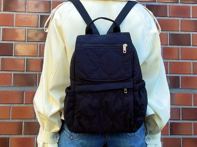 身長155cmの筆者が背負ってみました【しまむら】レディース キルトナイロンリュック（yumi×ラクっと！お手軽はっ水バッグ）