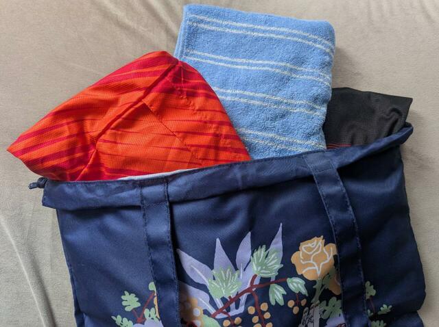 ジャージやTシャツ、スポーツタオルを入れてみました。シューズなども入ります【ムーミン付録：刺繡トートバッグ】