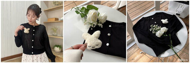 【ミッフィー×MIIA】miffy マスコット付シアーカーディガン 各￥7,590／眠っているナインチェのブローチ付きの特別感あるアイテム