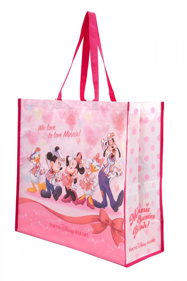 ショッピングバッグ 1,200円｜サイズ：縦約48×横約52×奥行き約20cm｜東京ディズニーリゾート「ミニー・ベスティーズ・バッシュ！」スペシャルグッズ｜販売店舗：東京ディズニーランド「ギャグファクトリー/ファイブ・アンド・ダイム」、東京ディズニーシー「ベッラ・ミンニ・コレクション」