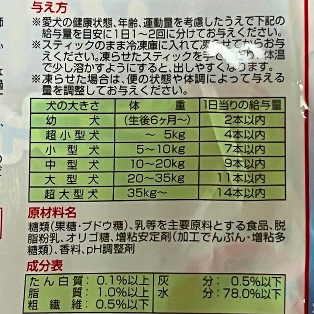 【ペティオごほうびプチアイスバニラ風味スティックタイプ】1日の給与量は超小型犬4本以内、小型犬7本以内、中型犬9本以内、大型犬11本以内。年齢は6ヶ月からとなっています