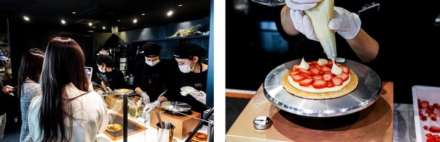 目の前で仕上げられるライブ感あるパティシエの手仕事