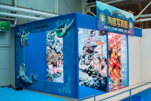 シャーク水槽の折り返し地点にある、フォトスポット。まるで海の中にいるような写真が撮影できる