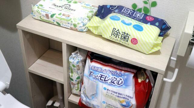 【ニトリ トイレ収納・フィーノ2】紙パンツやおしりふきなど、その場ですぐ使いたいときにも便利です◎