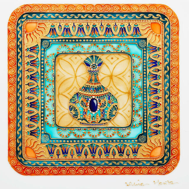 「「ACN ラムセス大王展 ファラオたちの黄金」限定『エジプト缶』蓋面」＜価格：1,540円（税込）＞【【青山デカーボ×ラムセス大王展】“古代エジプト”がガラス絵でデザインされたクッキー缶「エジプト缶」登場！】