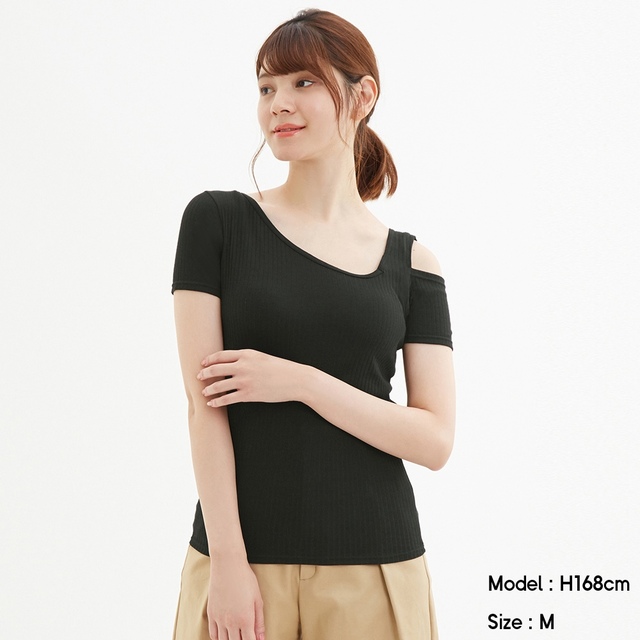 GU／ブラフィールアシンメトリーデザインT(半袖)+E　（BLACK）