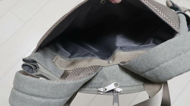 【ワークマン たためて自立する撥水トートリュック】メッシュポケットの中央にもスナップボタンが1つ。よく出し入れするものなどを入れておくのがおすすめです！