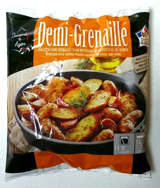 【No.2】【DEMI GRENAILLE ハーフベビーポテト 1kg 848円】カットされたニンニクが入っていて、開封するとガーリックの香りが