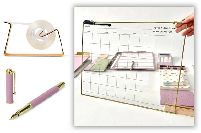 【フライングタイガー】（左上）テープディスペンサー 550円（左下）万年筆（インク入り）550円（右）プランナーボード 1,210円　　