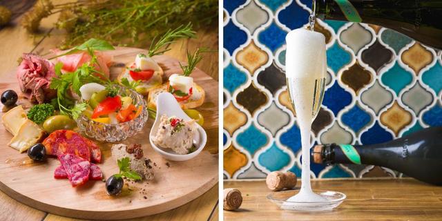 千住のおつまみタパス 6種盛り合わせ・なみなみスパークリングワイン