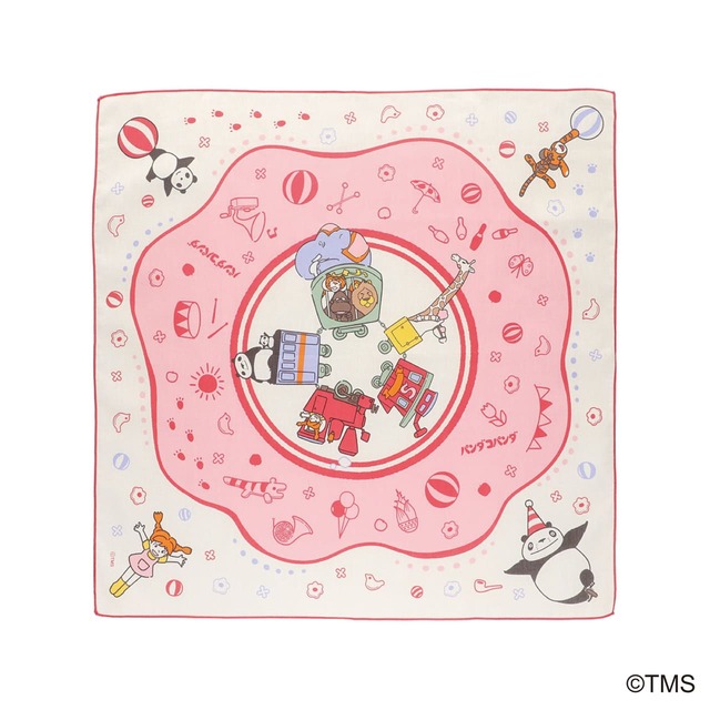 【パンダコパンダ新商品】「パンダコパンダ 大判ハンカチ 雨ふりサーカス」1,320円/サイズはW530×H530mm。生地の端を赤色の糸で縁取ったメロー巻きが印象的なレトロかわいいハンカチ。