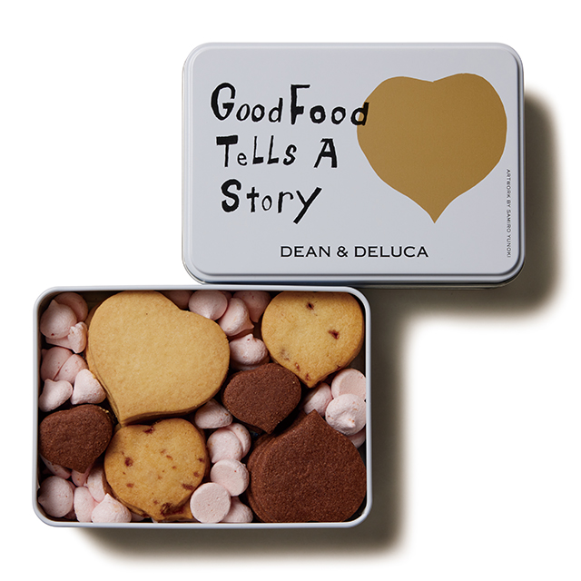 「Good Food Tells A Story クッキー缶」＜￥2,160（税込）セット内容：ハートクッキー（プレーン/ココア/ソルトキャラメル）、メレンゲ（ストロベリー）＞【【数量限定】DEAN＆DELUCAのショッピングバッグ＆クッキー缶が特別デザインで登場！】