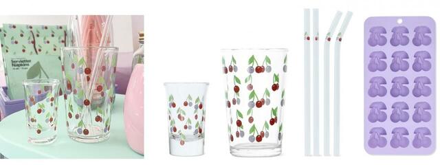 左）ミニグラス 165円中左）グラス 275円中右）チェリーストロー（ガラス/4本） 550円右）製氷皿（チェリー） 275円