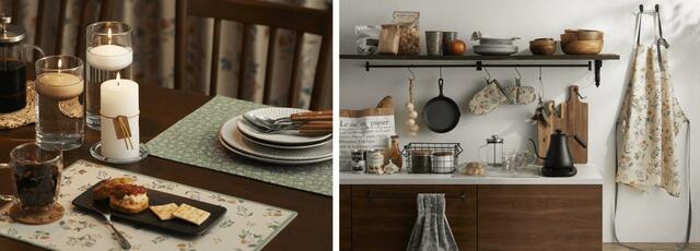 【ニトリ】ランチョンマット（奥・グリーン）399円（幅35×奥行45cm）、PVCランチョンマット（手前・ベージュ）499円（幅32×奥行42cm エプロン 1,490円（幅84×奥行76cm）、 両手に使えるミトン 499円（幅13×奥行21cm）、 鍋つかみ 499円（幅9×奥行17cm）、 ドレスタオル 499円（幅34×奥行70cm）