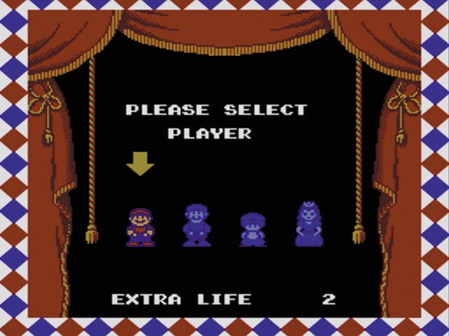 スーパーマリオUSA／ステージ開始時に４人のキャラクターからひとりを選んでスタート。キャラクターによってジャンプ力や野菜や敵を持ち上げる速度が違うため、選んだキャラクターによって攻略しやすいステージ、しにくいステージがある。