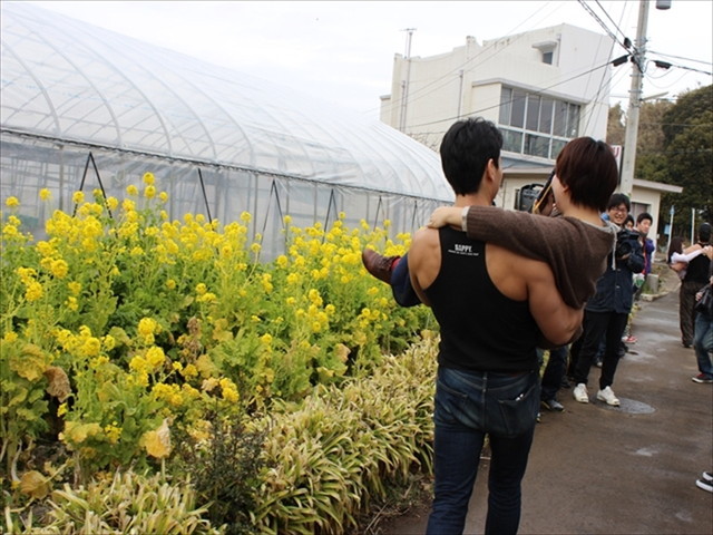 菜の花を横目にお姫様抱っこ。ロマンティック！