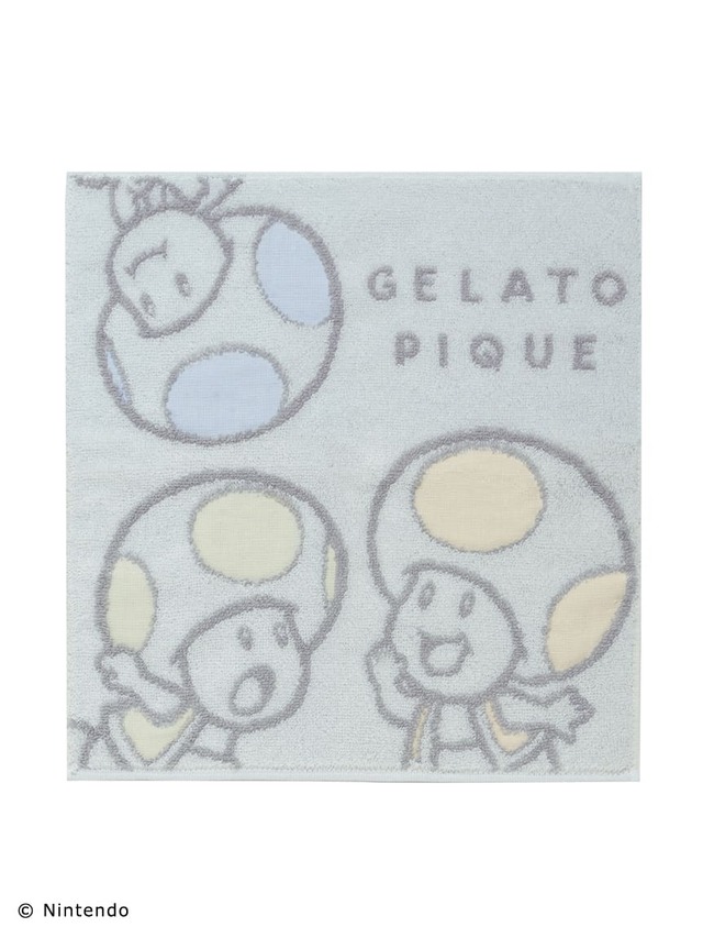 【スーパーマリオ】キノピオ＆ヨッシーハンドタオル ブルー　￥1,540／キノピオたちが全面にデザインされたタオル♪