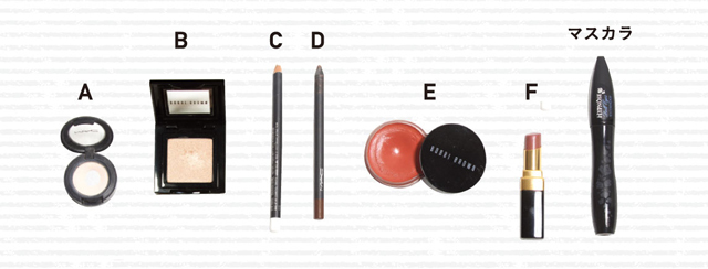 【Ａ】パールなし バニラシャドウ　M・A・C／スモール アイシャドウ バニラ　【Ｂ】淡いパールのベージュシャドウ　ボビイブラウン／メタリック アイシャドウ　#02 シャンパーニュクォーツ　【Ｃ】パールなし ホワイトペンシル　M・A・C／アイ コール　ファッシネイティング　【Ｄ】ブラウン ペンシルアイライナー　M・A・C／パワーポイント アイ ペンシル　バウンティフル ブラウン　【Ｅ】コーラル クリーム ブラッシャー　ボビイブラウン／ポット ルージュ　#02 カリプソコーラル　【Ｆ】インディピンクリップ　シャネル／ルージュ ココシャイン #54ボーイ ・ マスカラ　ランコム／イプノーズ ドールアイ ウォータープルーフ（国内未発売）