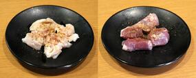 【焼肉きんぐ 左：【ほりにし焼肉】やわらかホルモン 右：【ほりにし焼肉】やみつきハラミ【ポーク】】ほりにしスパイスがかかるだけで一気に高級感が増します