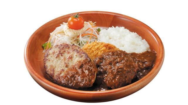 「メンチカツカリー＆ハンバーグディッシュ」＜S/M/L 1,640円/1,820円 / 2,110円＞【びっくりドンキーに「ハンバーグ屋のメンチカツ」が今年も登場】