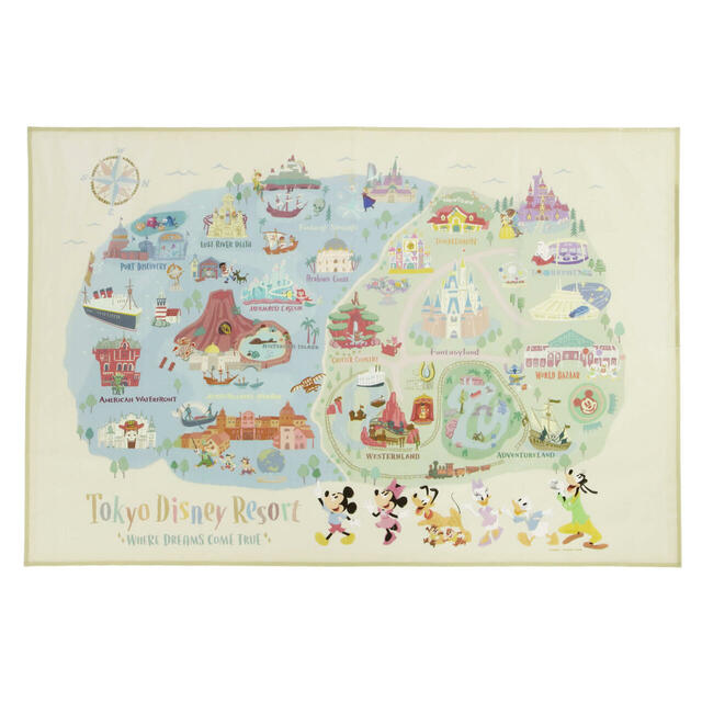 レジャーシート 950円｜ミッキーたちが楽しそうに巡っているパークのマップやアイコンをモチーフにしたグッズ｜販売店舗：東京ディズニーランド「グランドエンポーリアム」、東京ディズニーシー「タワー・オブ・テラー・メモラビリア」｜発売日：2024年7月11日（木）
