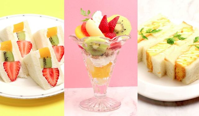 （左）フルーツサンド（真中）フルーツパフェ（右）玉子カツサンド