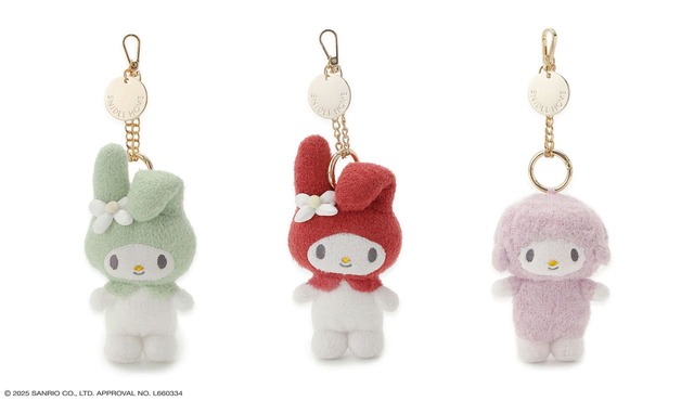 【MY MELODY】ぬいぐるみチャーム/各キャラクターの鼻にはきらめくビジューもあしらわれています