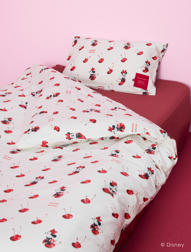 プリント3点セット（シングル） ￥15,950、プリントピローケース ￥2,970｜ジェラート ピケ「ディズニー ミニーマウス コレクション」