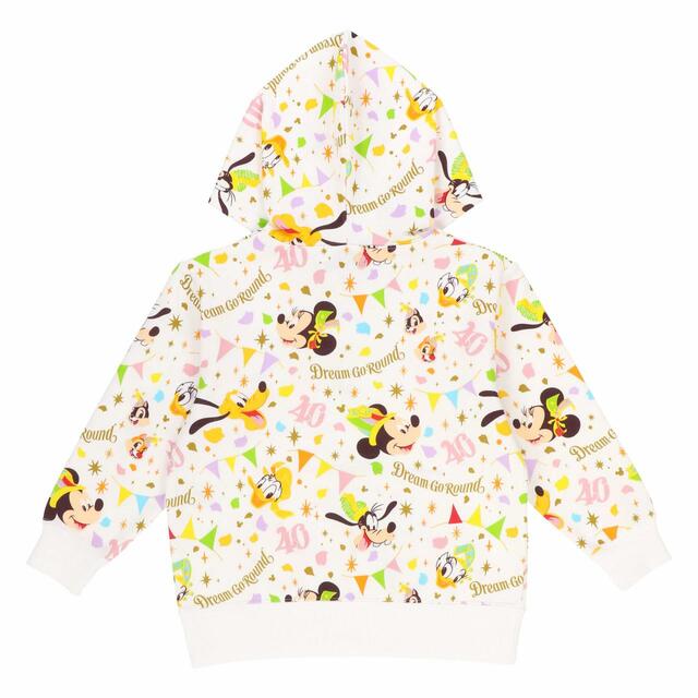 パーカー 100-120cm 各4,300円、130-150cm 各4,600円｜サイズ：100、110、120、130、140、150 ※総柄アイテムのため、1枚1枚柄の出方が違います。｜東京ディズニーリゾート40周年“ドリームゴーラウンド”スペシャルグッズ｜発売日：2023年4月10日（月）｜販売店舗：東京ディズニーランド「グランドエンポーリアム」、東京ディズニーシー「エンポーリオ」