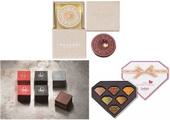 上段：〈BVLGARI IL CIOCCOLATE〉　下段左より：〈グイド・ゴビーノ〉、〈デルレイ〉