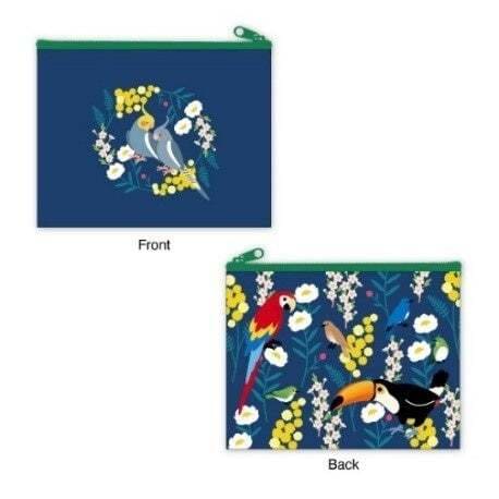 【特別展「鳥」グッズ】「ポーチ（花鳥柄）」税込1,540円／サイズ：縦約16cm×横約21cm　鳥が植物に囲まれたカラフルでおしゃれなデザイン！