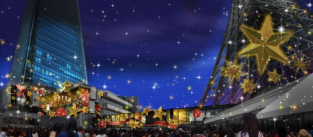2.建物の壁面とタワー塔体下部の全幅約140mをスクリーンに見立て、クリスマスソングに合わせて映像が映し出される　※写真はイメージ