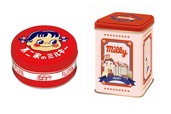 【西洋菓子舗 不二家】「ミルキー缶（ホーロー看板デザイン）」＜ミルキー9粒入＞660円、「ミルキー缶（銀座ペコちゃんデザイン）」＜ミルキー15粒入＞700円