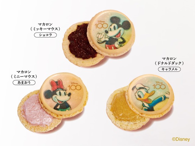 【ダロワイヨ】プリント入りマカロン各種/「ミッキーマウス」のマカロンにはガナッシュ、「ミニーマウス」はあまおうクリーム、「ドナルドダック」にはキャラメルクリームをサンド