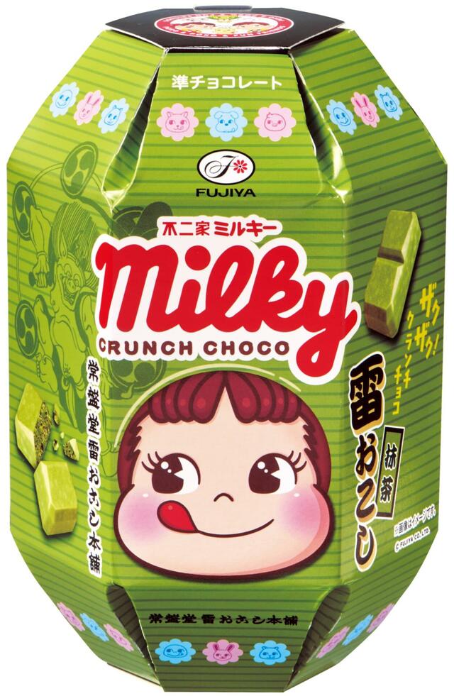 「ミルキークランチチョコ雷おこし抹茶」＜価格：1,080円（税込）＞【不二家「ミルキー」の限定お土産ショップが「東京おかしランド」に期間限定オープン！老舗和菓子店とのコラボ商品も登場！】