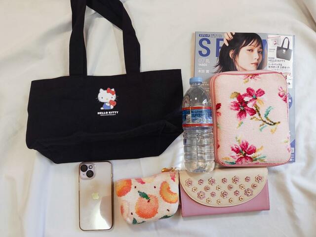 500mlペットボトル、雑誌、マルチケース、ポーチ、携帯、長財布が入った