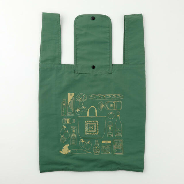 【紀ノ国屋 スモールショッパー/グリーン】裏面には紀ノ国屋のエコバッグのほか、パンやパスタ、アイスコーヒーなど人気商品のイラストが描かれています♪