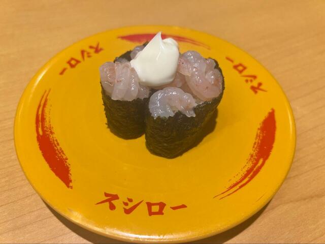 【スシロー 軍艦甘えび】120円（税込）えびとマヨソースの組み合わせは最強！