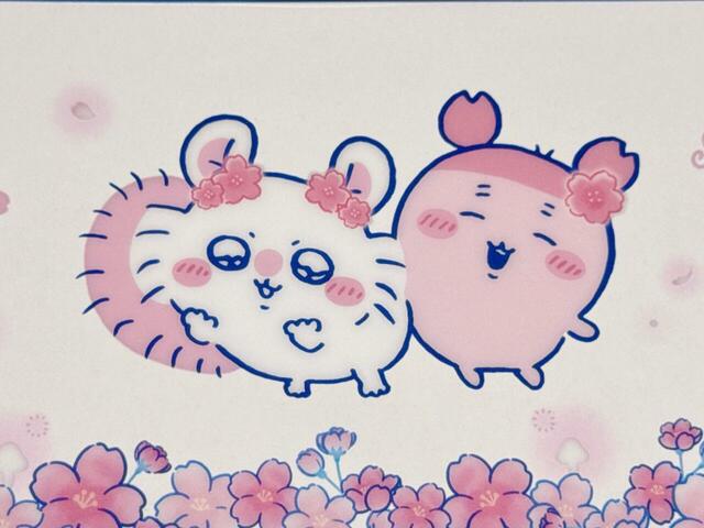 両耳に桜をつけてかわいこぶるモモンガを、ニコニコ眺めているカニちゃんの姿がたまりません。2人の尊さが全開なイラストプリント入りデザイン！【フラットケース（ちいかわ）】