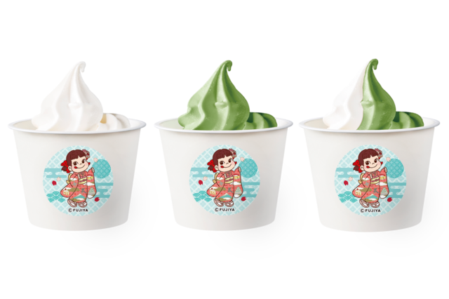 「ソフトクリーム＜3種＞カップ」＜価格：500円（税込）＞【不二家の和スイーツが楽しめる「FUJIYA Smile Switch Festa」が銀座三越でスタート！“ペコちゃん×サンリオキャラクターズ”のコラボグッズも登場！】