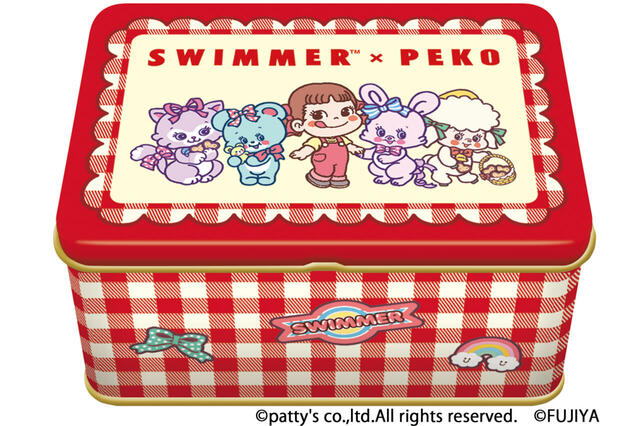 「SWIMMER×PEKOコラボ ハートクッキー缶」<価格:1,320円(税込)>【大人気雑貨ブランド「SWIMMER」が「不二家」とコラボ!“SWIMMER×PEKO”のスイーツやグッズが、7月10日より店頭に登場!】