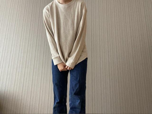 【UNIQLO（ユニクロ） ワッフルクルーネックT（長袖）】身長162cm・Lサイズ着用