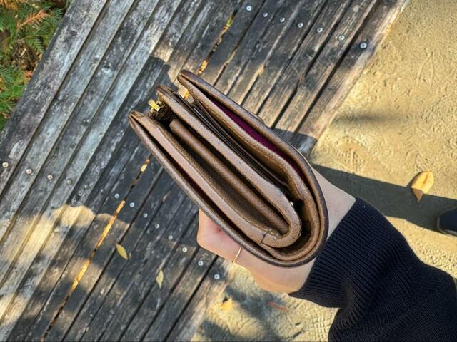 【KING JIM「パッタン」コンビニエコバッグ】財布を閉じてもこのスッキリ感！入れたままでも閉じにくさはありません