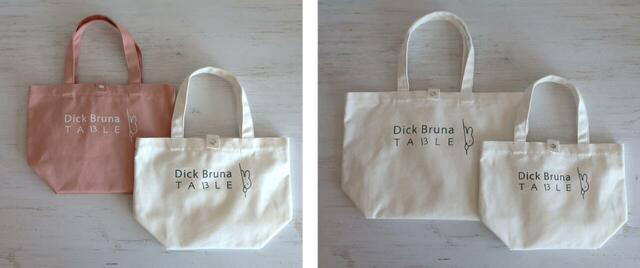 ロゴ帆布トートバッグ　Sサイズ　新色ホワイト・ピーチ　1個　¥3,080 ※写真左：2色ともSサイズ。写真右：Mサイズ（左）Sサイズ（右）との大きさを比較【ディック・ブルーナ テーブル 横浜】