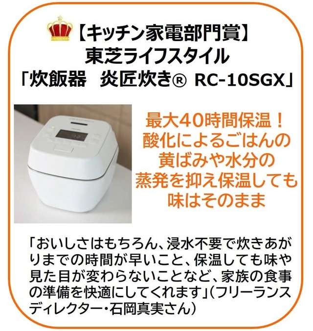 【『リンネル』1月号(宝島社)】キッチン家電部門賞 東芝ライフスタイル 「炊飯器炎匠炊き® RC-10SGX」