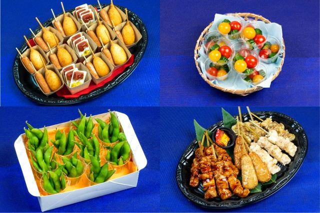 ミニフランク＆ミニアメリカンドック、トマトときゅうりの浅漬けや枝豆、焼き鳥