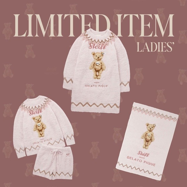 【gelato pique×シュタイフ】「【Steiff】ジェラートJamesフェアアイルジャガードプルオーバー&ショートパンツセット」¥15,840、「【Steiff】ジェラートJamesフェアアイルジャガードミニワンピース」¥12,980、「【Steiff】ジェラートJamesフェアアイル柄ジャガードブランケット」¥10,780（期間限定ショップ限定での販売）