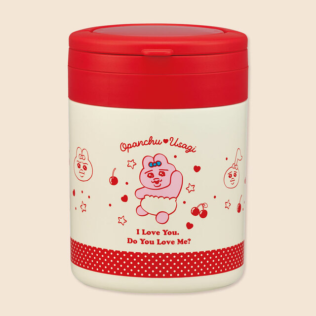 【おぱんちゅうさぎ 折りたたみハンドル付き保温・保冷デリカポット】アイボリーと赤を基調に、サクランボやおぱんちゅうさぎのイラストをプリント♪