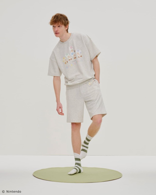 【スーパーマリオ】【メンズ】キノピオ＆ヨッシー裏毛プルオーバー＆ハーフパンツセット　￥15,950／ゆったりとしたサイズ感で着心地も抜群◎